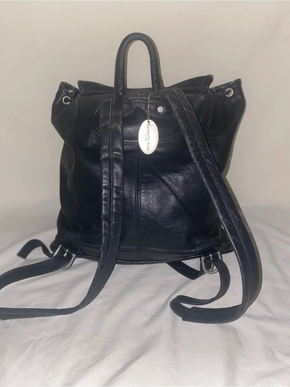 Kenneth Cole Black Leather Buckle Backpack